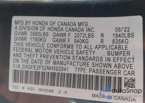 2022 Honda Civic Sport из США, поврежденный, VIN 2HGFE2F52NH592841